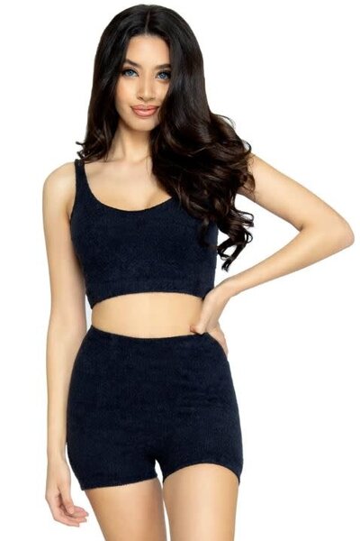 LEG AVENUE ULTRA-SOFT COZY KNIT SLEEPWEAR BLACK CROP TOP/BOY SHORTS/KNEE HIGH SOCKS