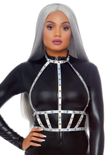 LEG AVENUE IRIDESCENT STUDDED VINYL BODY HARNESS ONE SIZE