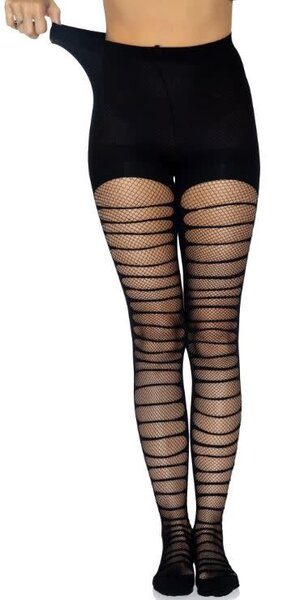 LEG AVENUE DOUBLE LAYER SHREDDED SPANDEX AND FISHNET TIGHTS BLACK ONE SIZE