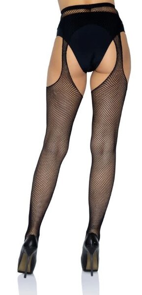 LEG AVENUE FISHNET SUSPENDER PANTYHOSE BLACK ONE SIZE