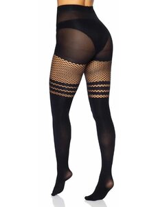 LEG AVENUE SEAMLESS OPAQUE THIGH HIGHS WITH FISHNET ACCENT BLACK ONE SIZE