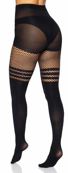LEG AVENUE SEAMLESS OPAQUE THIGH HIGHS WITH FISHNET ACCENT BLACK ONE SIZE
