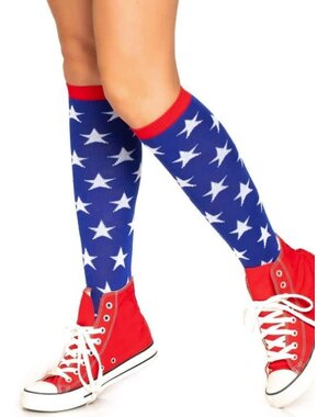 LEG AVENUE STAR PRINT KNEE HIGH SOCKS BLUE WITH RED TRIM ONE SIZE