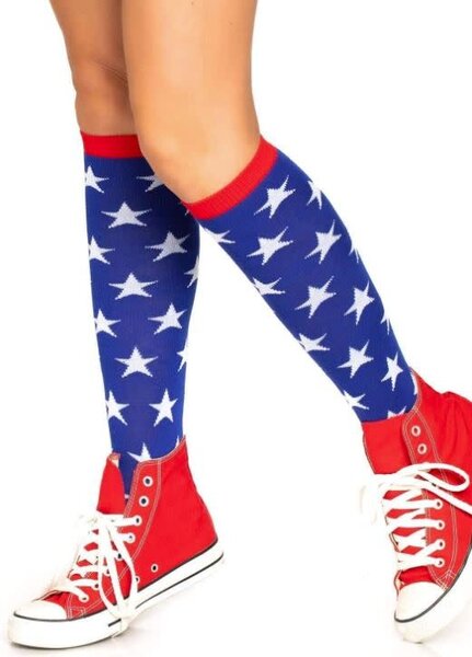 LEG AVENUE STAR PRINT KNEE HIGH SOCKS BLUE WITH RED TRIM ONE SIZE