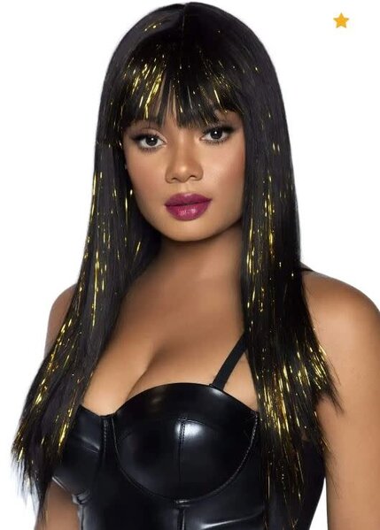 LEG AVENUE 24" LONG STRAIGHT TINSEL WIG BLACK & GOLD