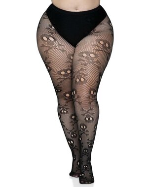 LEG AVENUE SUGAR SKULL NET HOSE - 1X-2X - BLACK