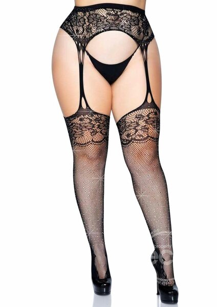 LEG AVENUE RHINESTONE STOCKING GARTER 1X-2X BLACK