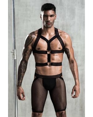 EVEREST TRADING COMPANY LLC DOUBLE BAND BULLDOG HARNESS WITH FISHNET LONG BIKER SHORTS BLACK ONE SIZE