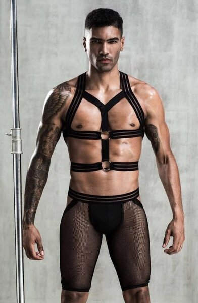 EVEREST TRADING COMPANY LLC DOUBLE BAND BULLDOG HARNESS WITH FISHNET LONG BIKER SHORTS BLACK ONE SIZE