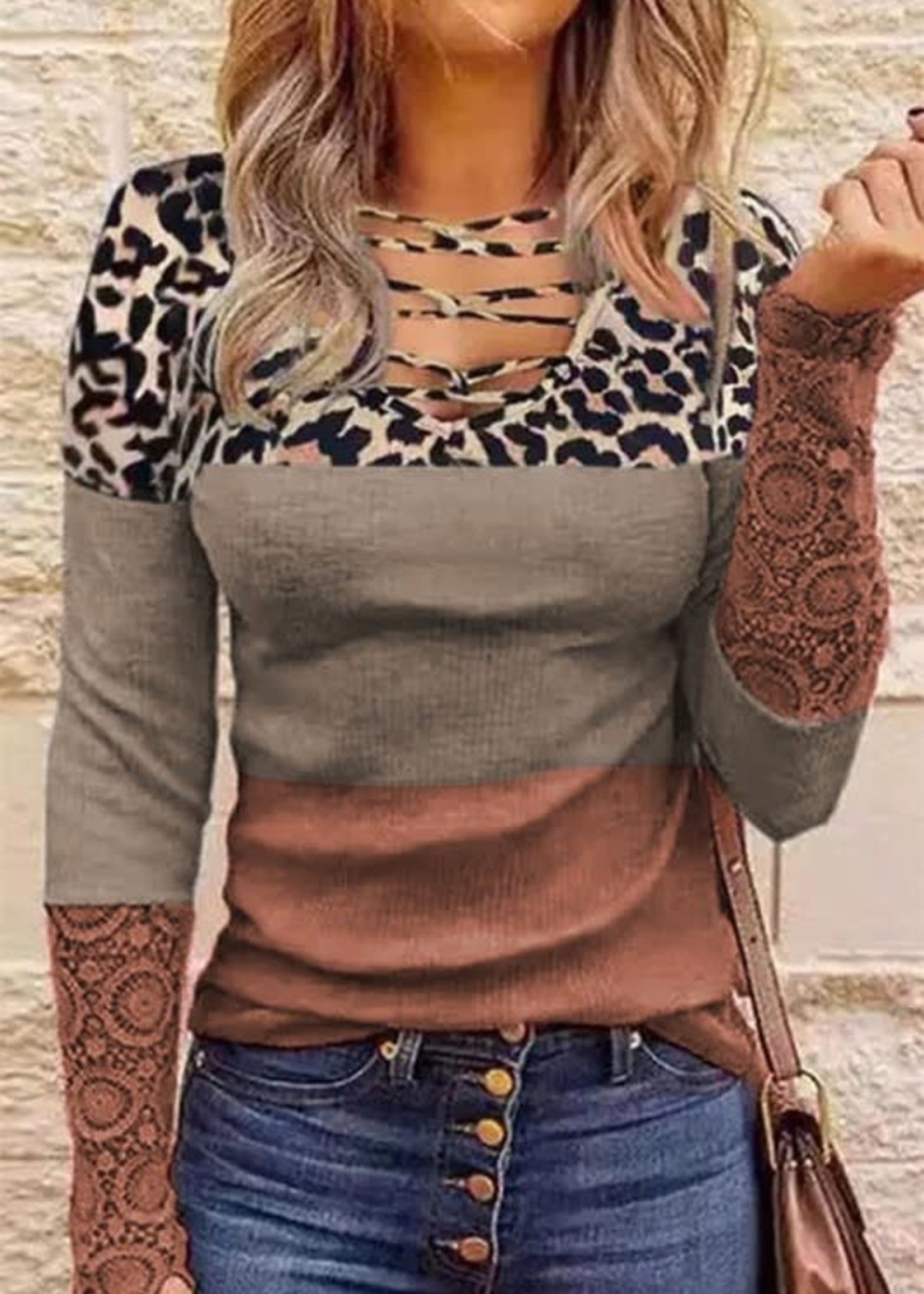 Lace Leopard Color Block Top