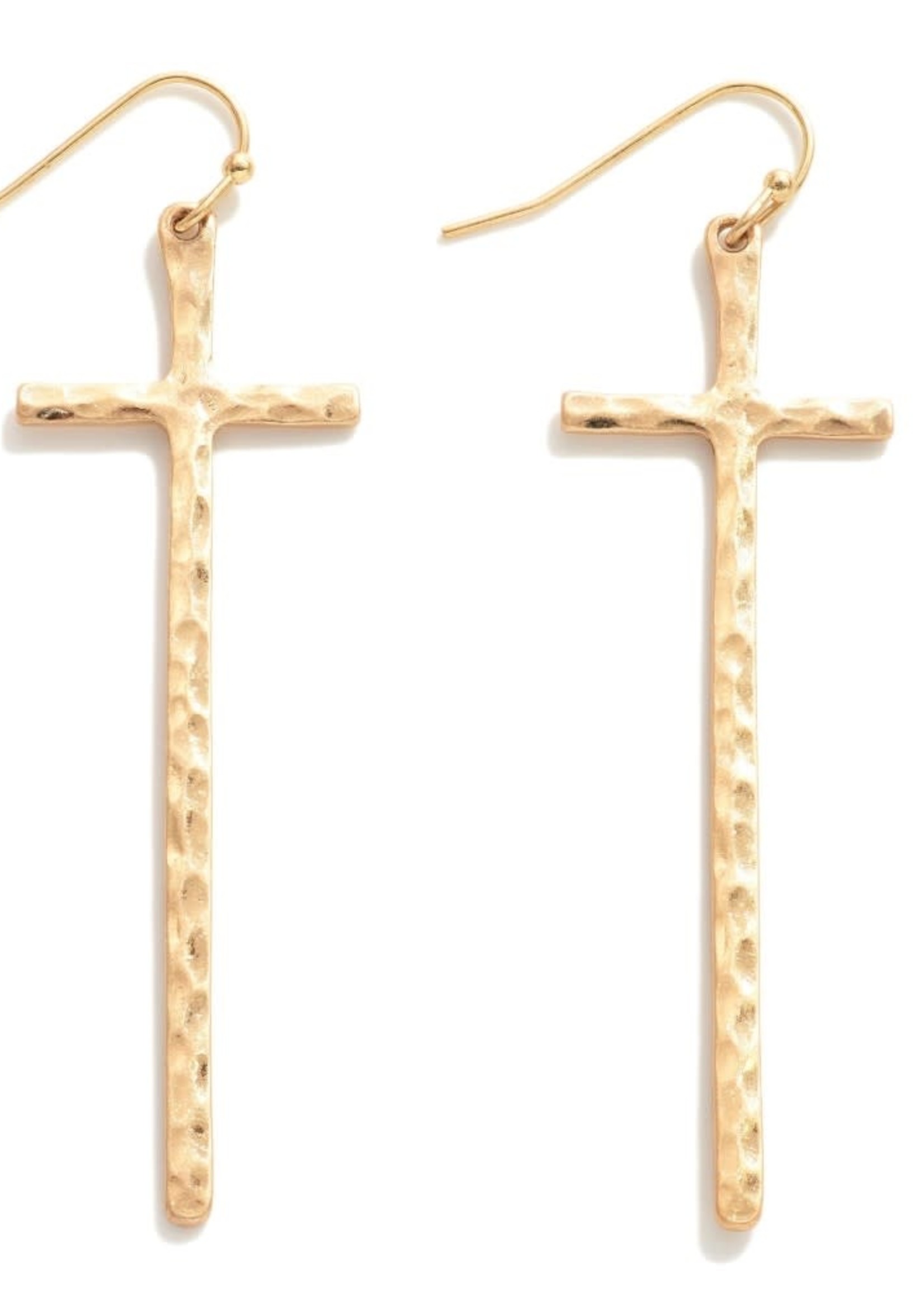 Hammered Long Metal Cross Earrings