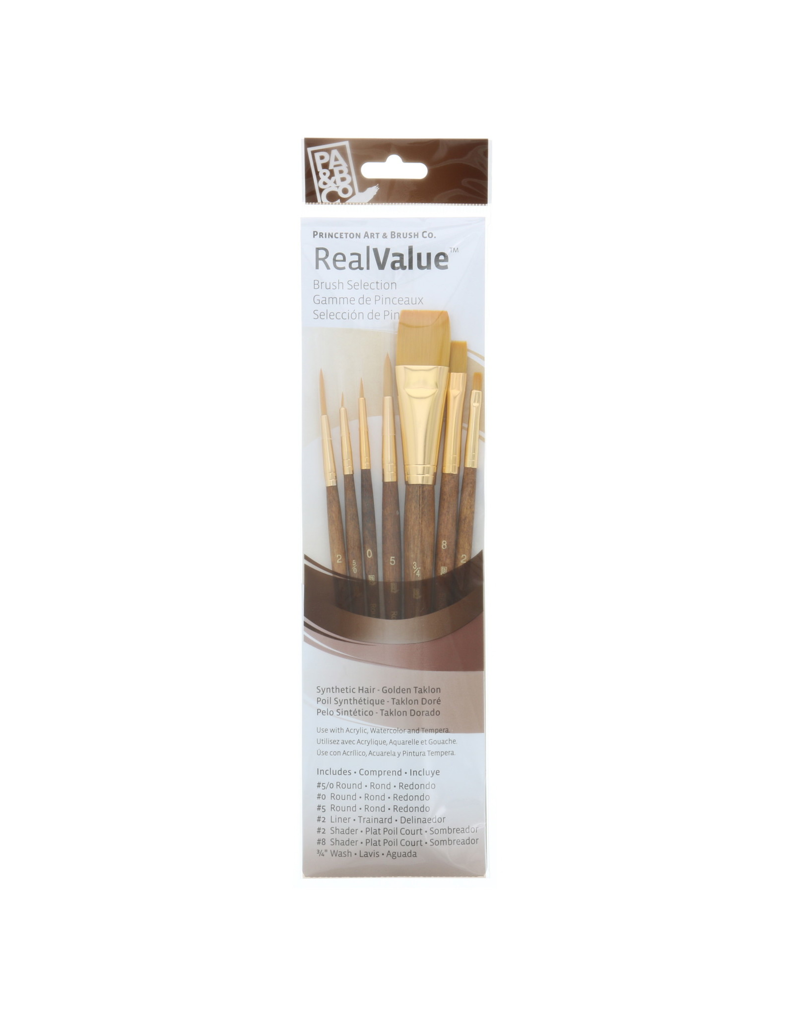 Princeton Princeton Real Value 7-Piece Gold Taklon Set with 3 Round Brushes, 1 Liner Brush, 2 Shader Brushes and 1 Wash Brush
