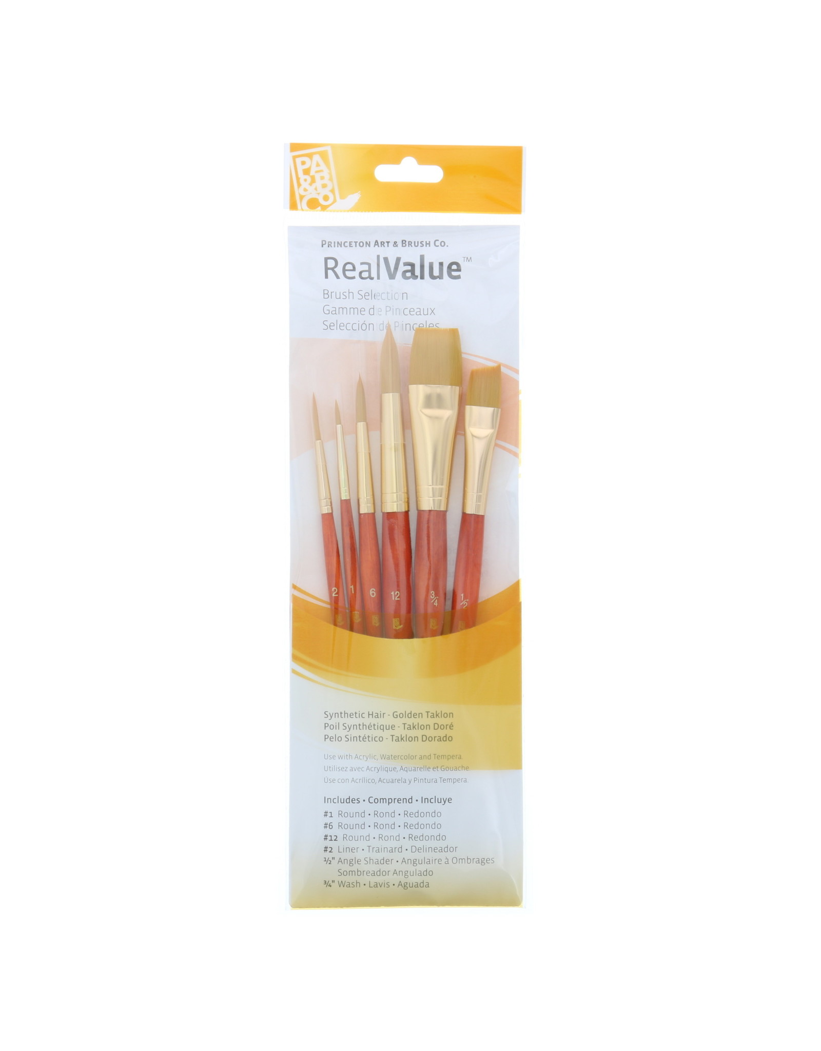 Princeton Princeton Real Value 6-Piece Gold Taklon Set with 3 Round Brushes, 1 Liner Brush, 1 Angle Shader Brush and 1 Wash Brush