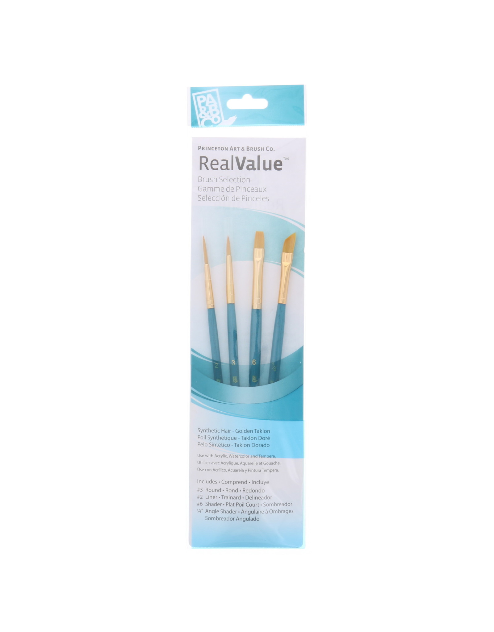 Princeton Princeton Real Value 4-Piece Gold Taklon Set with 1 Round Brush, 1 Liner Brush, 1 Shader Brush and 1 Angle Shader Brush