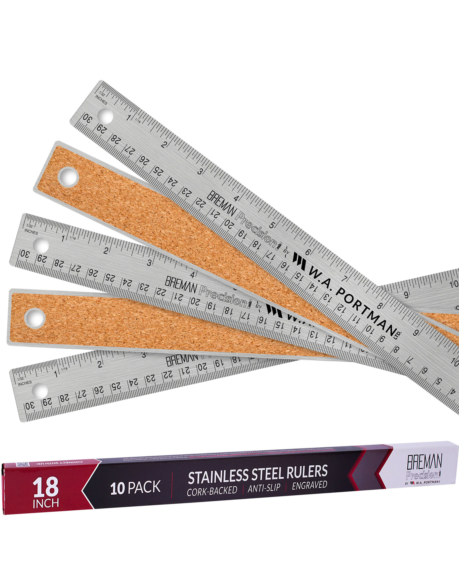 Breman Precision Stainless Steel Ruler, 12-inch Cork Back Ruler 2-Pack