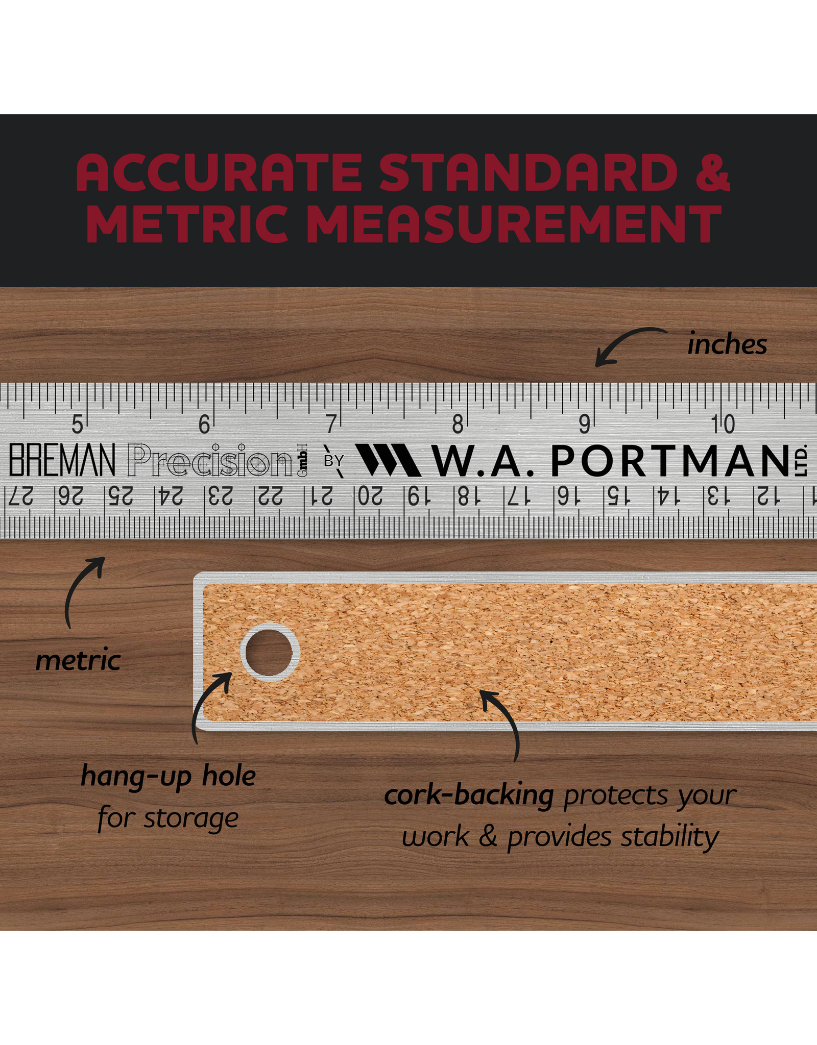 W.A. Portman WA Portman 12" Stainless Cork Back Ruler 1pk