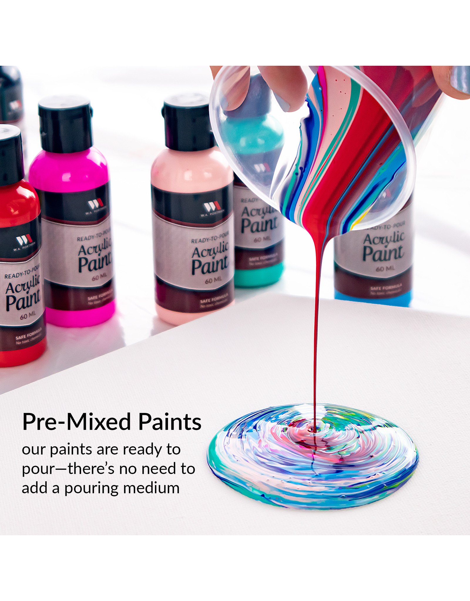 W.A. Portman WA Portman 2oz/60ml 12-Pc Ready To Pour Acrylic Pouring Paint Supplies for Canvas Painting