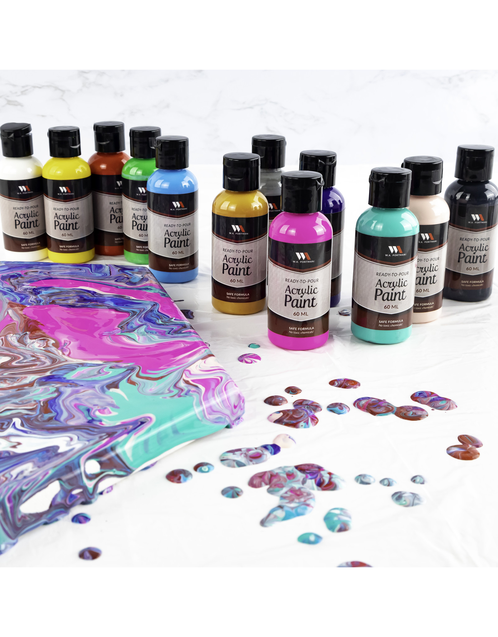 W.A. Portman WA Portman 2oz/60ml 12-Pc Ready To Pour Acrylic Pouring Paint Supplies for Canvas Painting