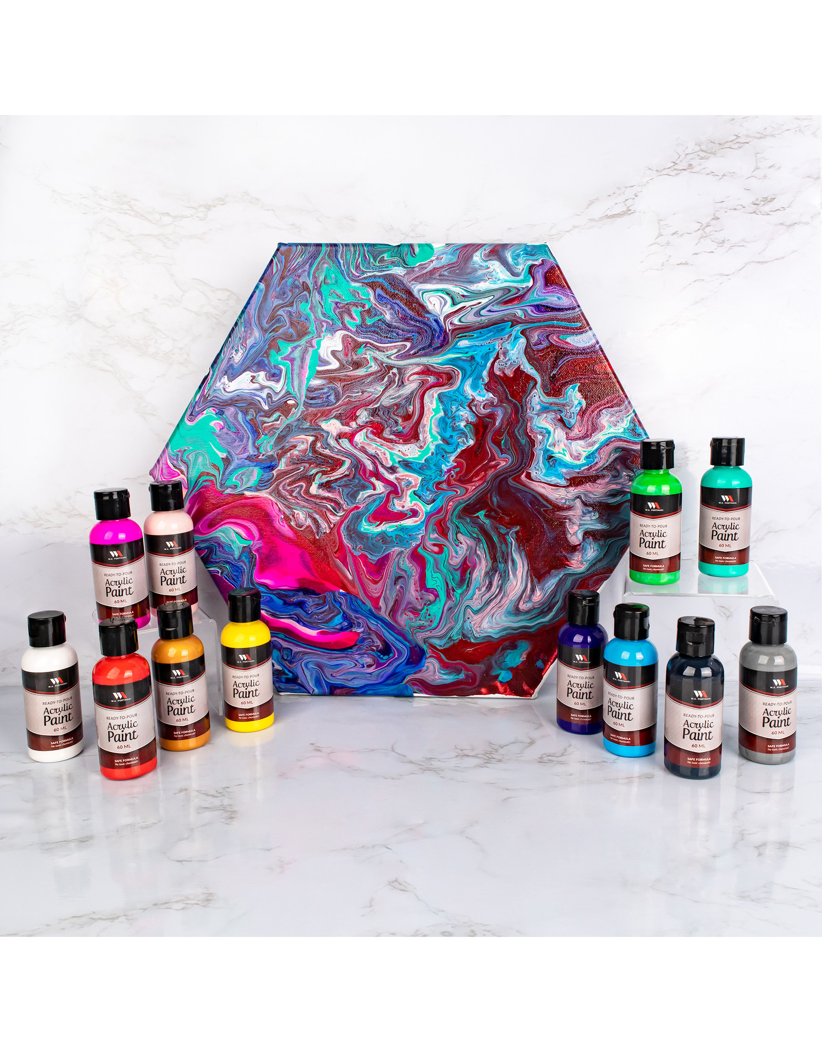 W.A. Portman WA Portman 2oz/60ml 12-Pc Ready To Pour Acrylic Pouring Paint Supplies for Canvas Painting