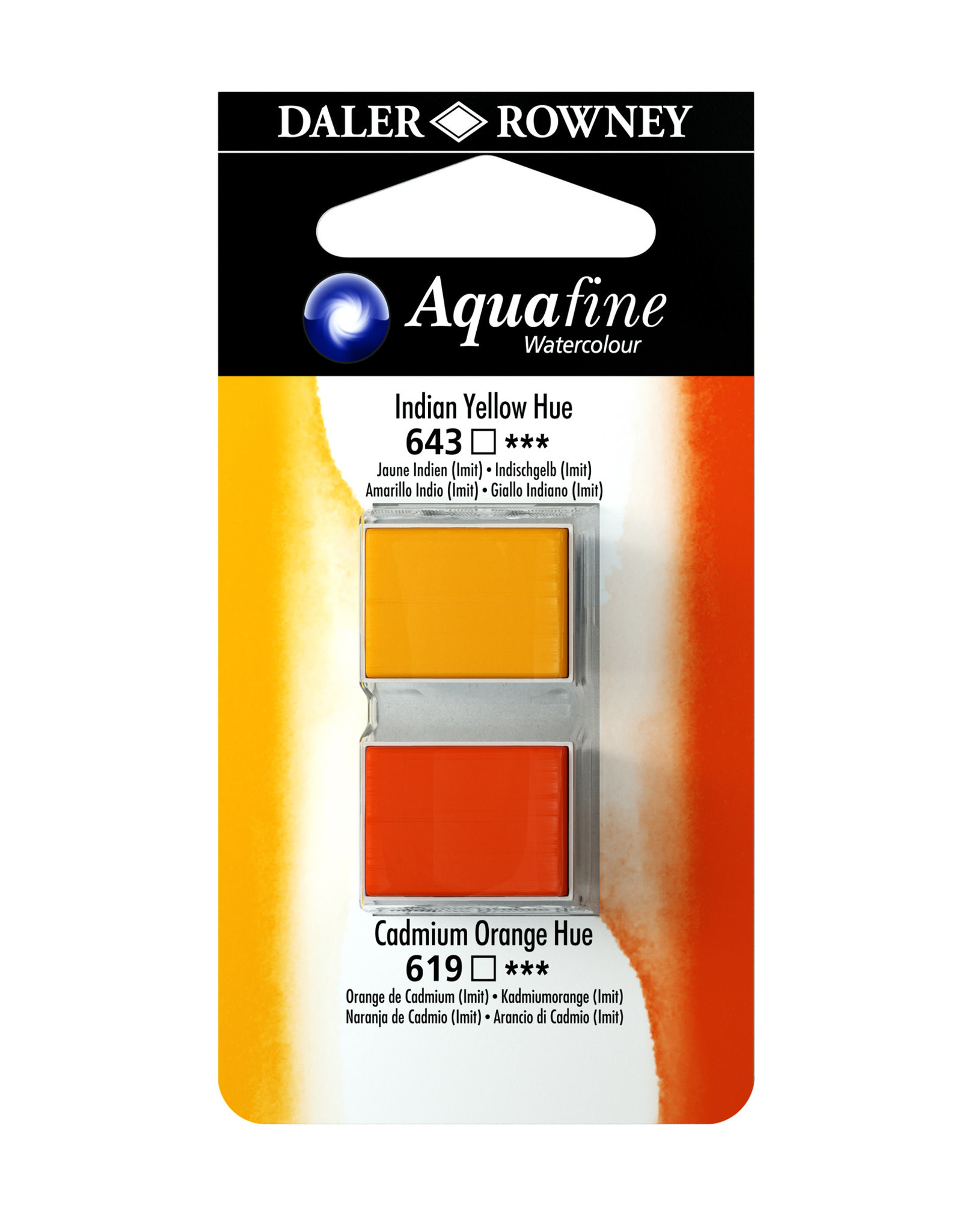 Daler-Rowney Aquafine Watercolor Half Pans, Indian Yellow Hue/Cadmium Orange Hue