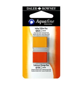 Daler-Rowney Aquafine Watercolor Half Pans, Indian Yellow Hue/Cadmium Orange Hue