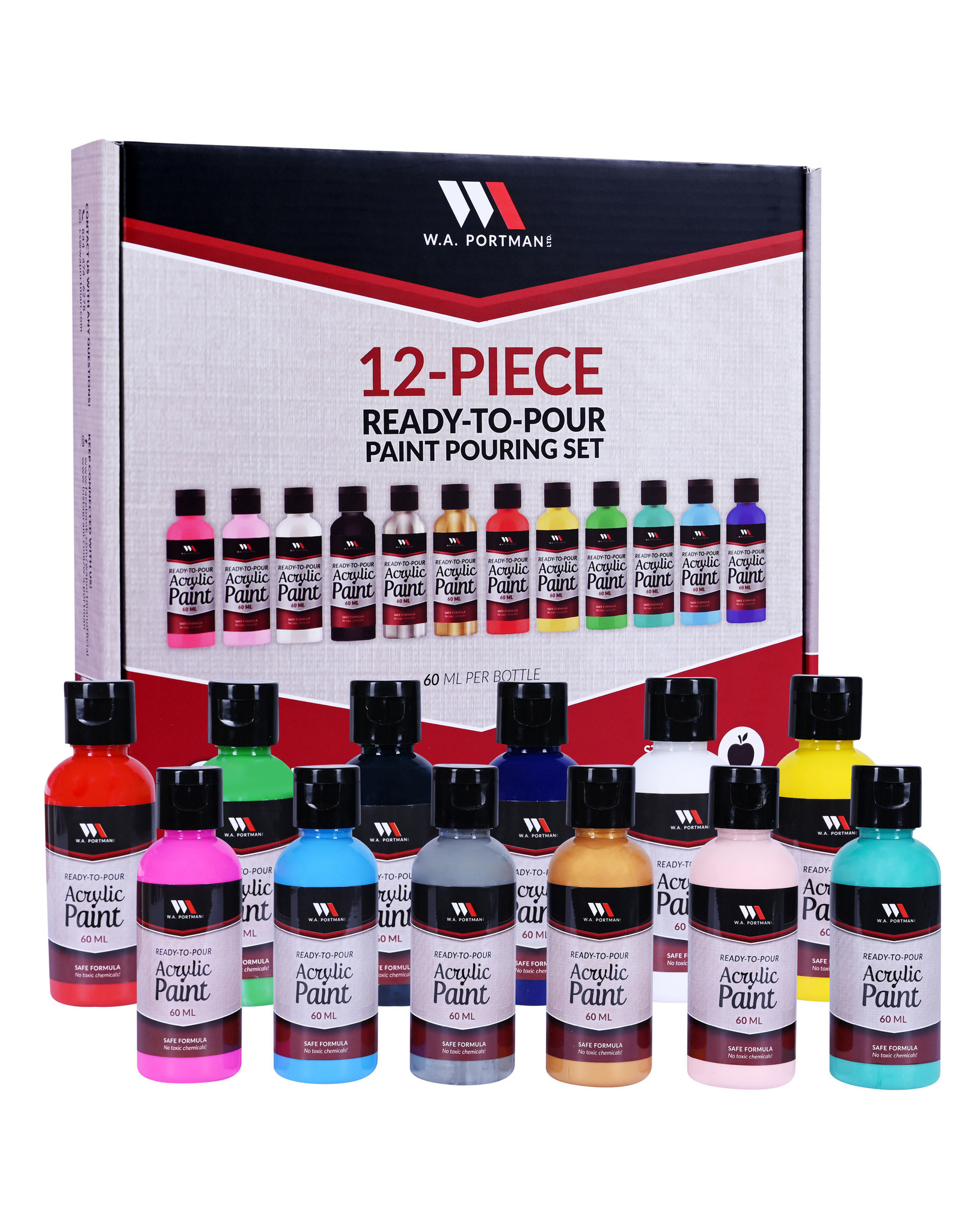 W.A. Portman WA Portman 2oz/60ml 12-Pc Ready To Pour Acrylic Pouring Paint Supplies for Canvas Painting