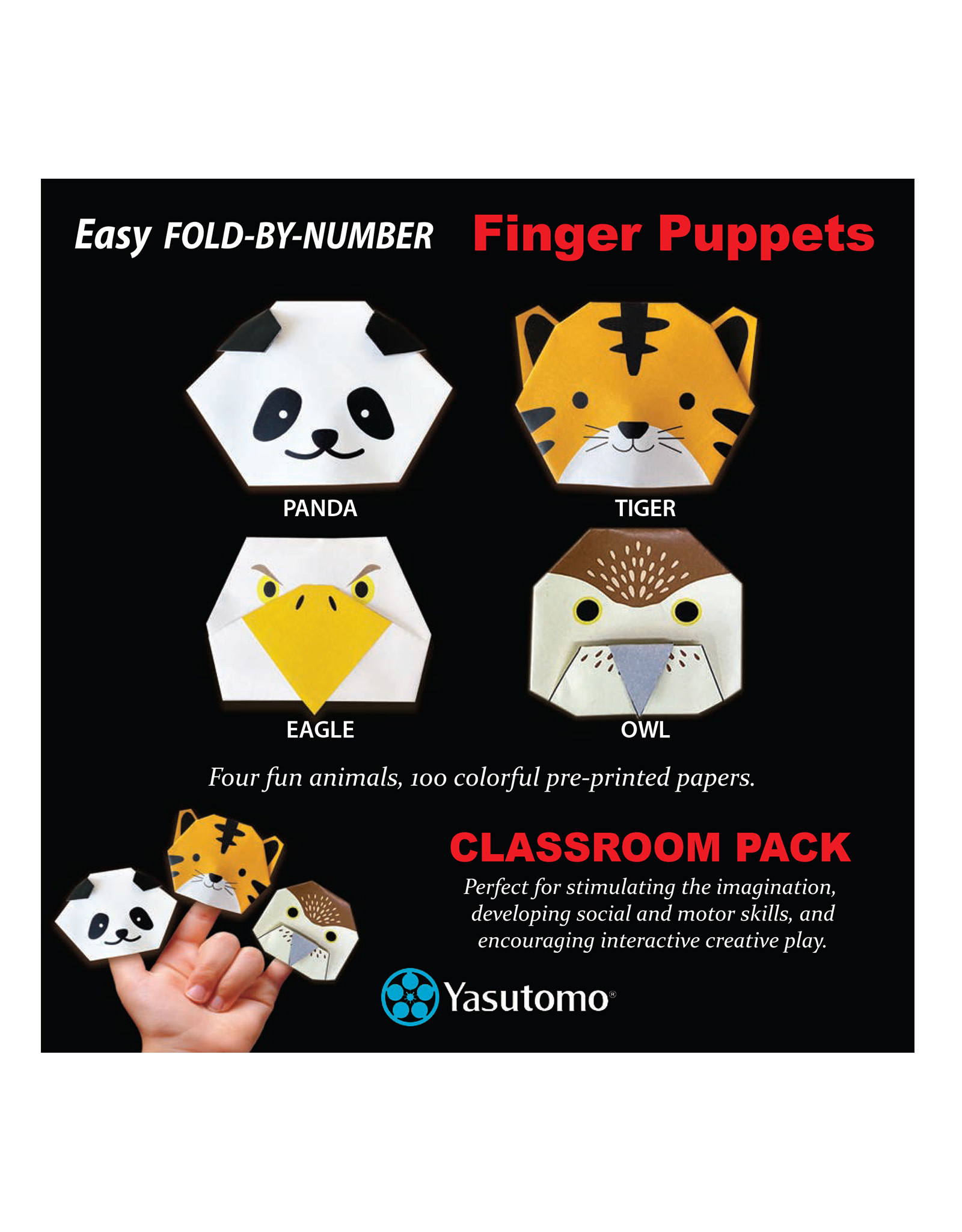 YASUTOMO Yasutomo Origami Paper, Fold by Number Animal Classroom Pack, 100 Sheets