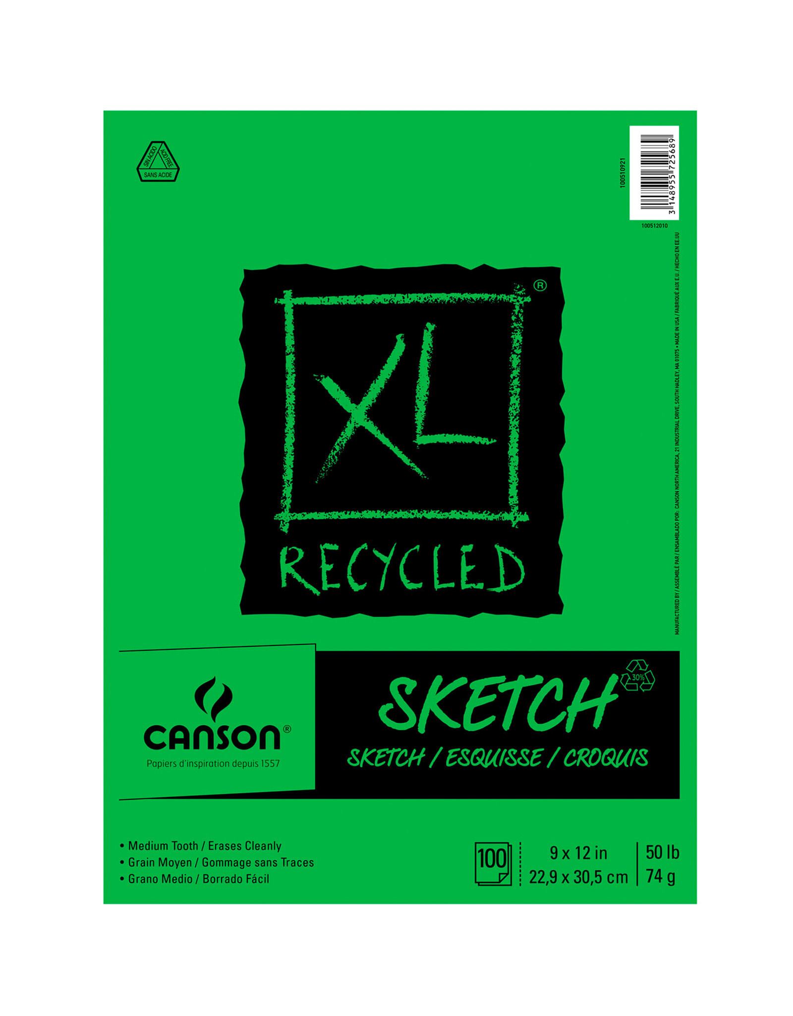 Canson Canson XL Recycled Sketch Pad, 9” x 12”, Glue-Bound