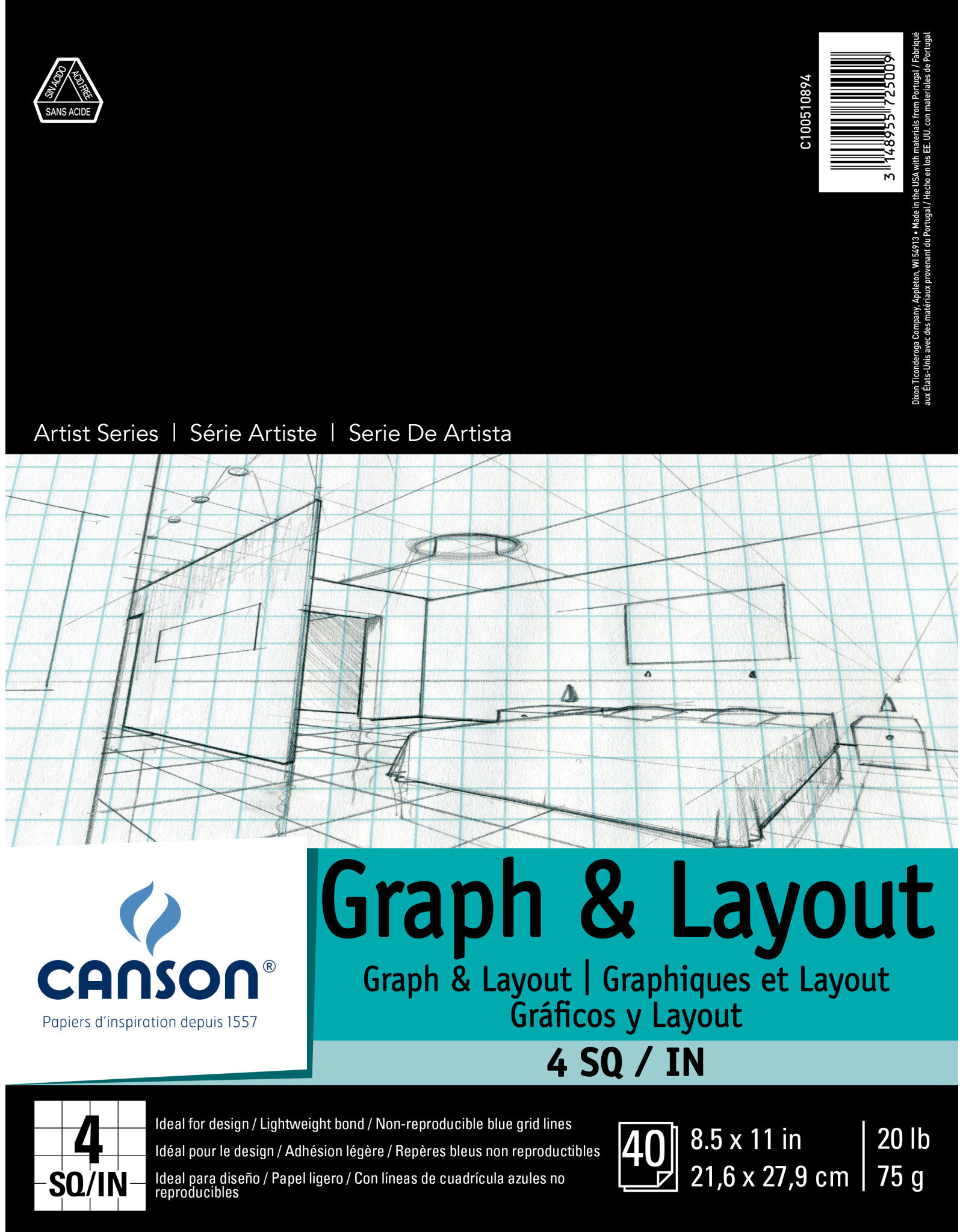 Canson Canson Graph and Layout Pad, 4x4 Grid, 40 Sheets, 8½”X11”