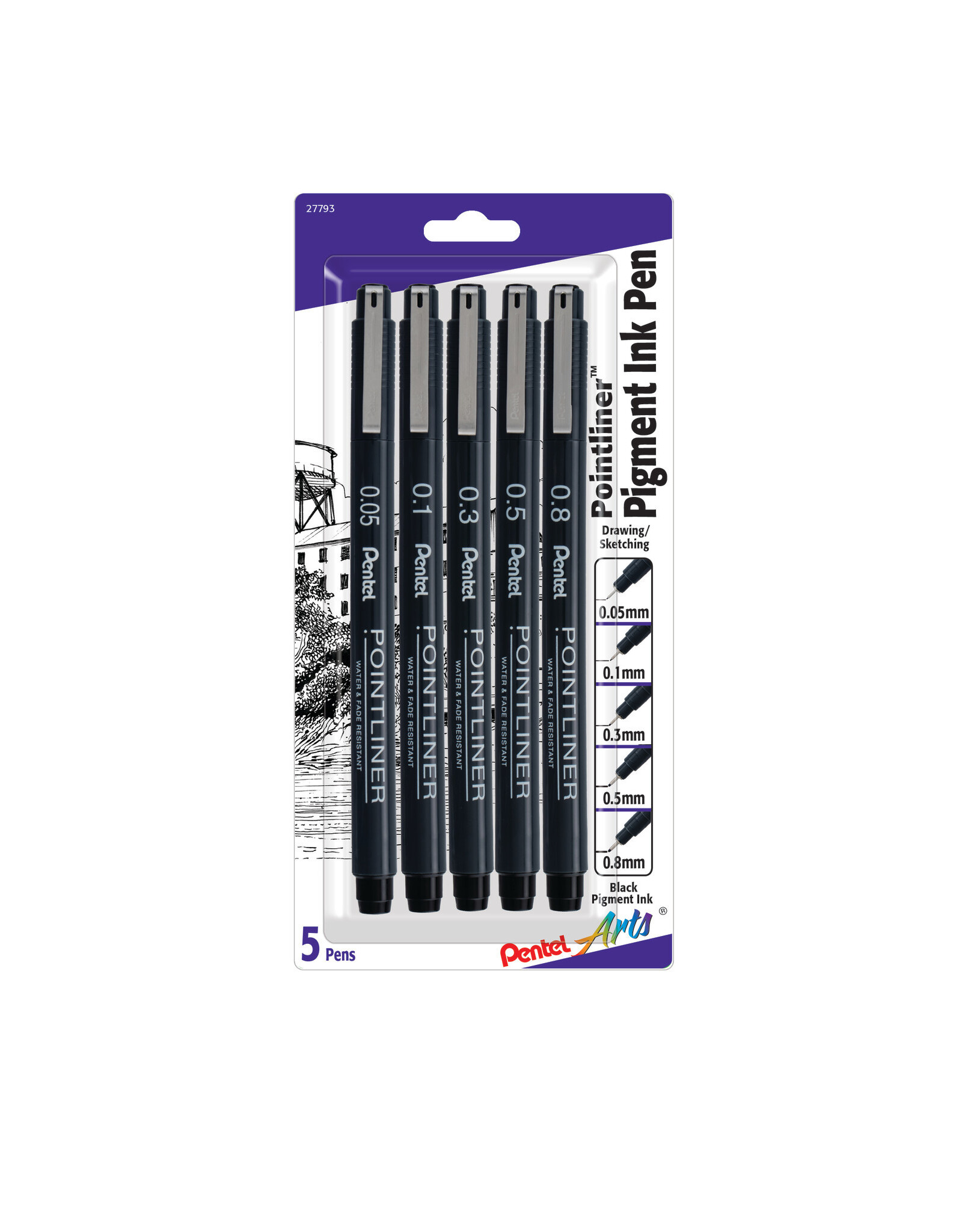 Pentel Pentel Arts Pointliner Pen, 5-Pack, Assorted Sizes, Black Ink
