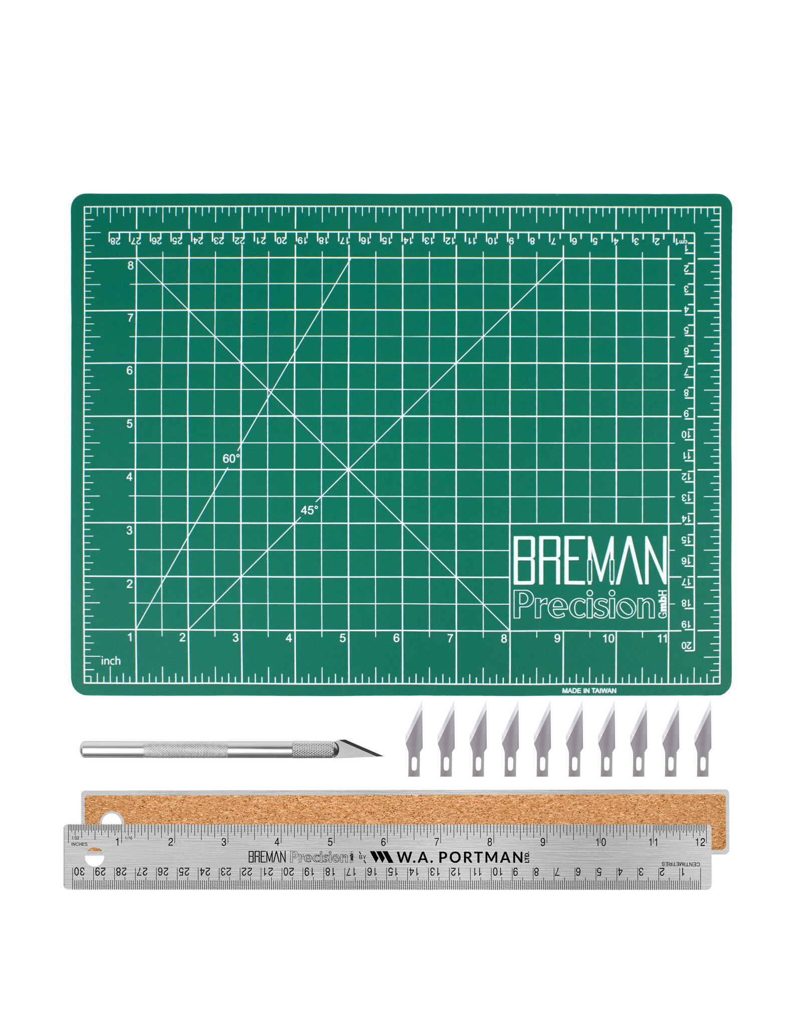 W.A. Portman WA Portman 9x12" Self Healing Cutting Mat with Precision Craft Knife, Hobby Knife Blades & 12" Cork Backed Metal Ruler