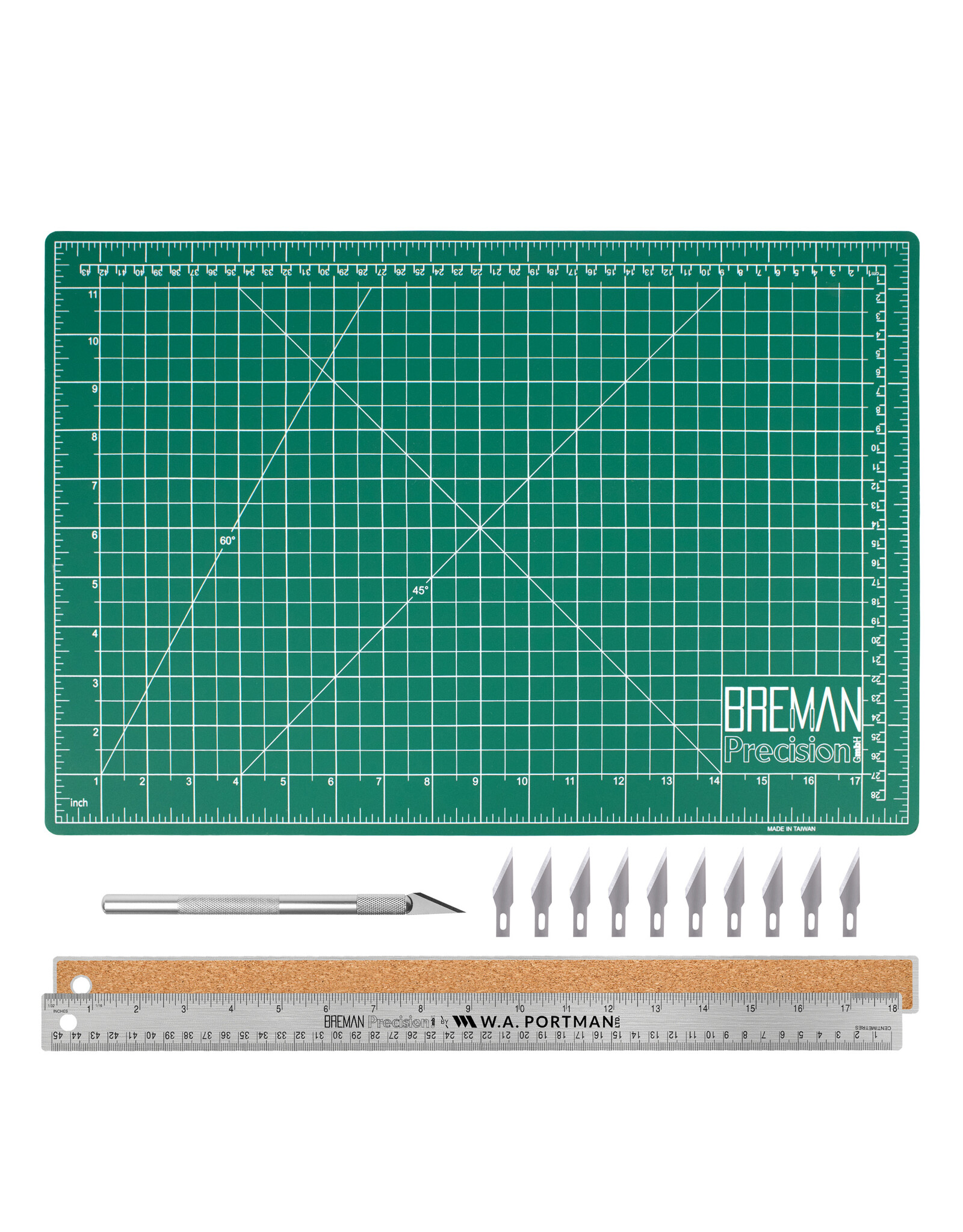 W.A. Portman WA Portman 12x18" Self Healing Cutting Mat with Precision Craft Knife, Hobby Knife Blades & 18" Cork Backed Metal Ruler