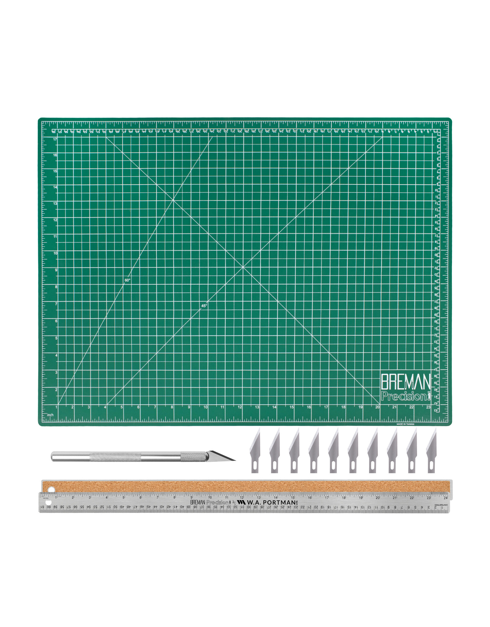 W.A. Portman WA Portman 18x24" Self Healing Cutting Mat with Precision Craft Knife, Hobby Knife Blades & 24" Cork Backed Metal Ruler