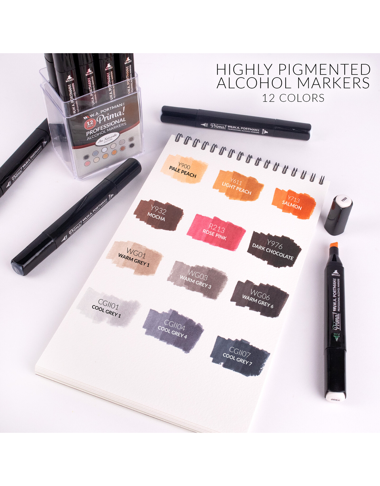 W.A. Portman WA Portman 12pc Prima Au Naturale Professional Dual Tip Alcohol Markers Set - Chisel & Fine Point Multi-Surfaced Alcohol Art Markers Set