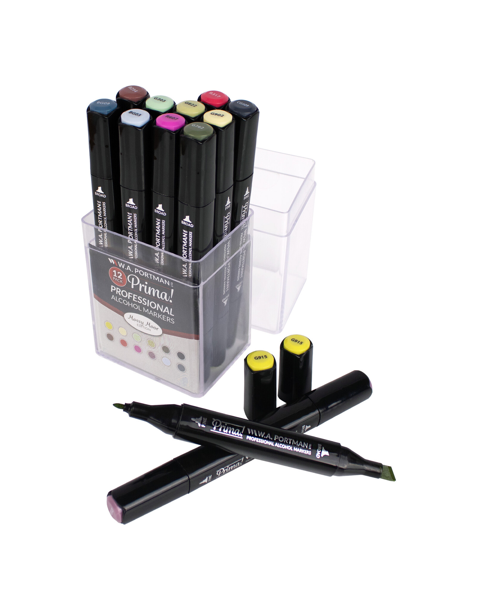 W.A. Portman WA Portman 12pc Prima Mossy Moor Professional Dual Tip Alcohol Markers Set - Chisel & Fine Point Multi-Surfaced Alcohol Art Markers Set