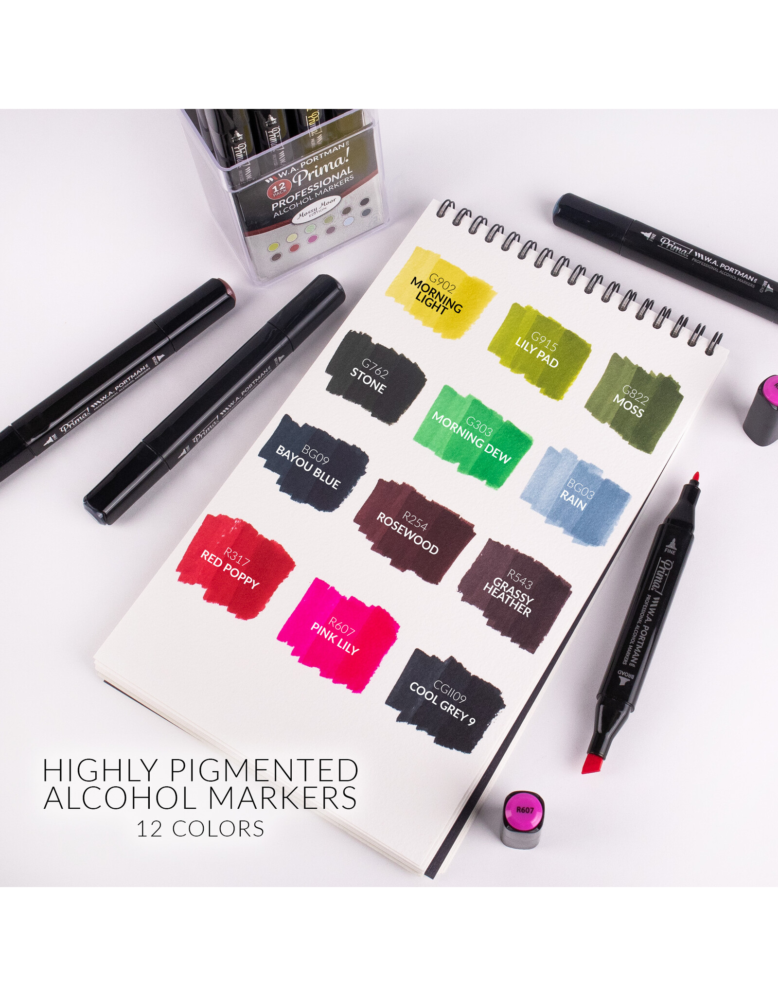 W.A. Portman WA Portman 12pc Prima Mossy Moor Professional Dual Tip Alcohol Markers Set - Chisel & Fine Point Multi-Surfaced Alcohol Art Markers Set