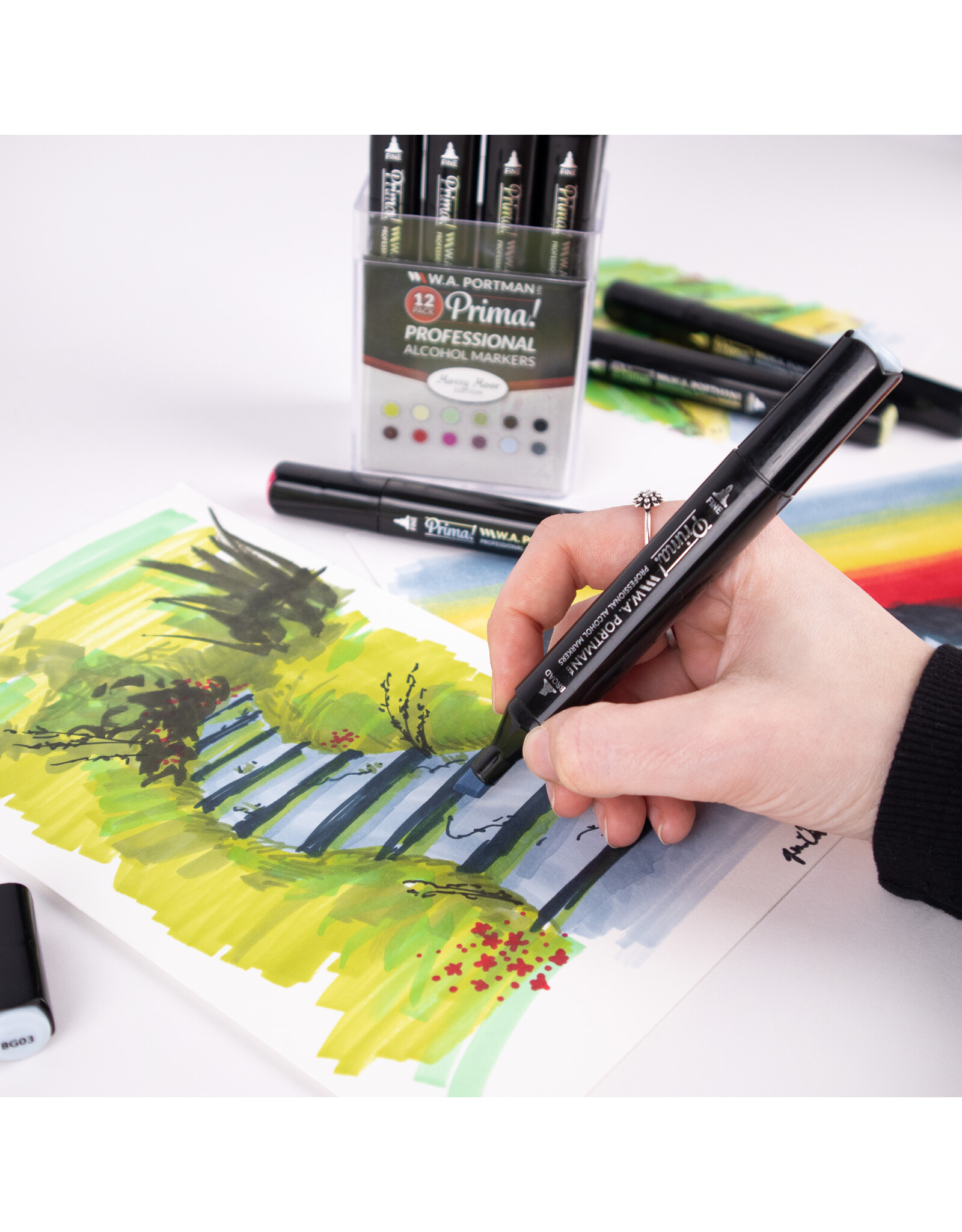 W.A. Portman WA Portman 12pc Prima Mossy Moor Professional Dual Tip Alcohol Markers Set - Chisel & Fine Point Multi-Surfaced Alcohol Art Markers Set