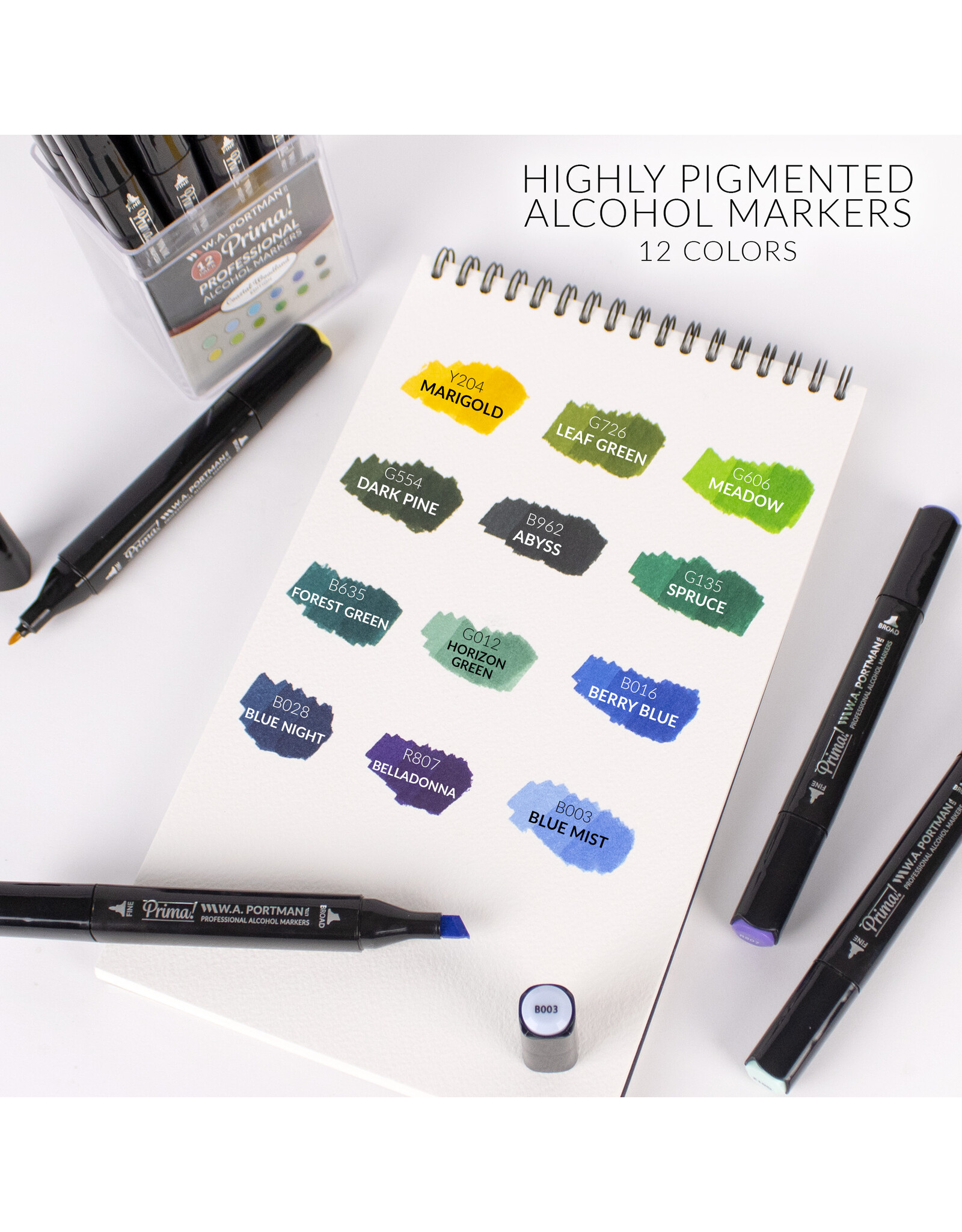 W.A. Portman WA Portman 12pc Prima Coastal Woodland Professional Dual Tip Alcohol Markers Set - Chisel & Fine Point Multi-Surfaced Alcohol Art Markers Set