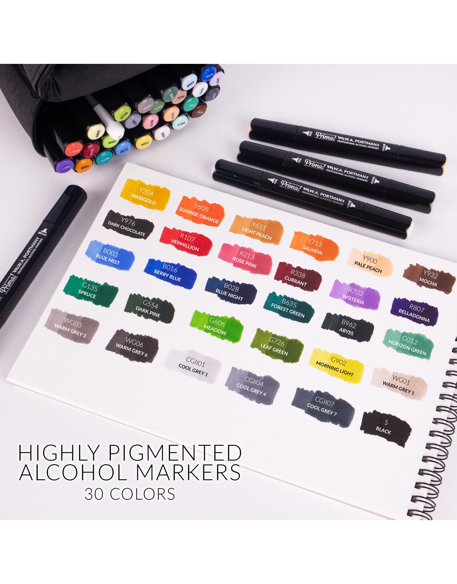 W.A. Portman WA Portman 30pc Prima Professional Dual Tip Alcohol Markers Set - Chisel & Fine Point Alcohol Art Markers Set with White Gel Pen