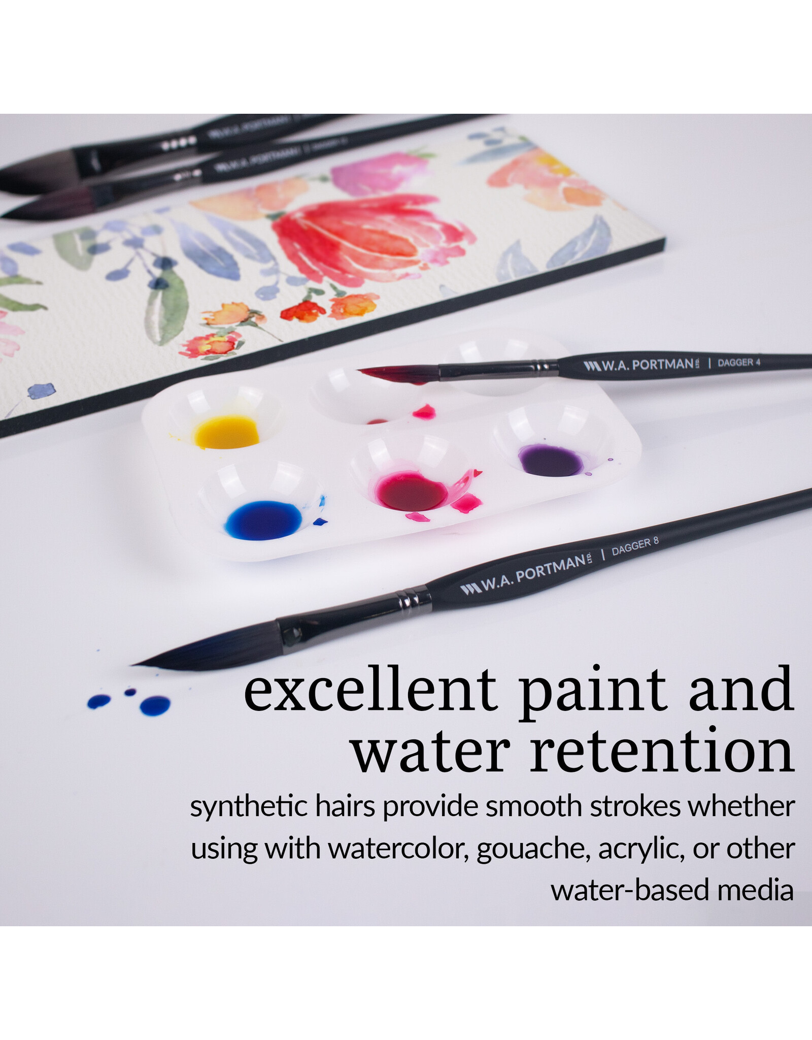 W.A. Portman WA Portman 4pc Dagger Watercolor Paint Brushes Professional Set #4, #8, #12, #16 - 100% Vegan, Cruelty-Free