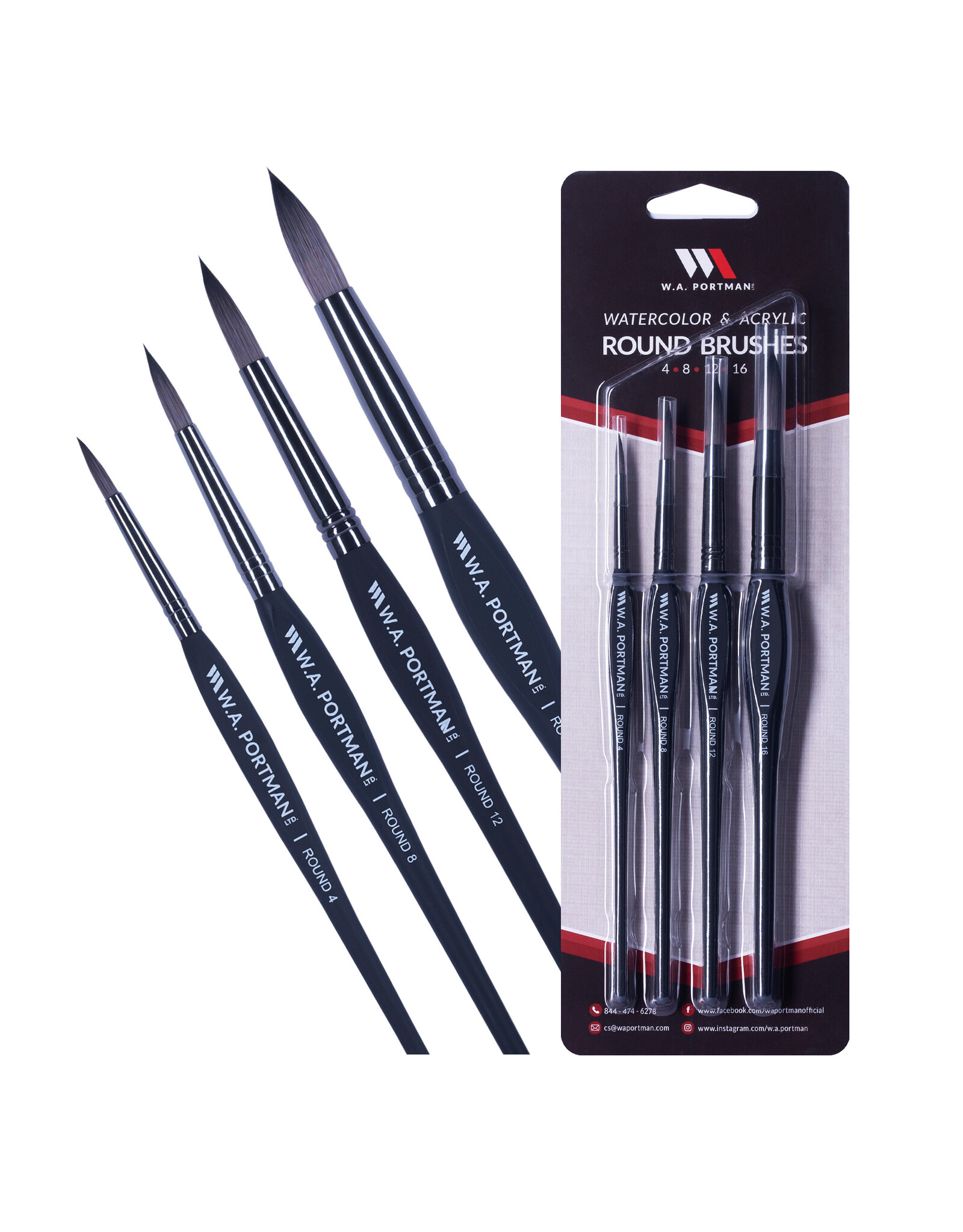 W.A. Portman WA Portman 4pc Round Watercolor Paint Brushes Set #4, #8, #12, #16 - 100% Vegan, Cruelty-Free
