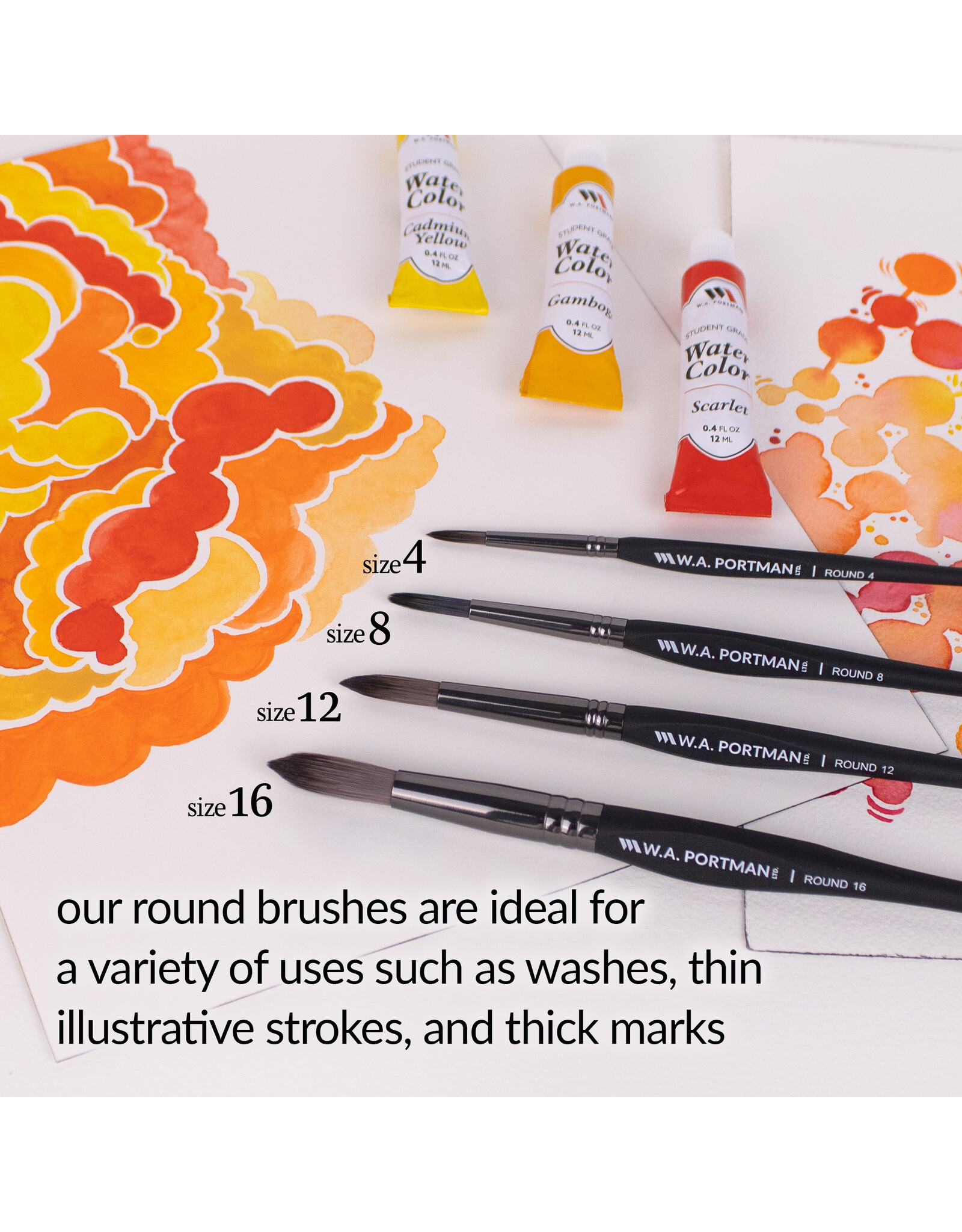 W.A. Portman WA Portman 4pc Round Watercolor Paint Brushes Set #4, #8, #12, #16 - 100% Vegan, Cruelty-Free