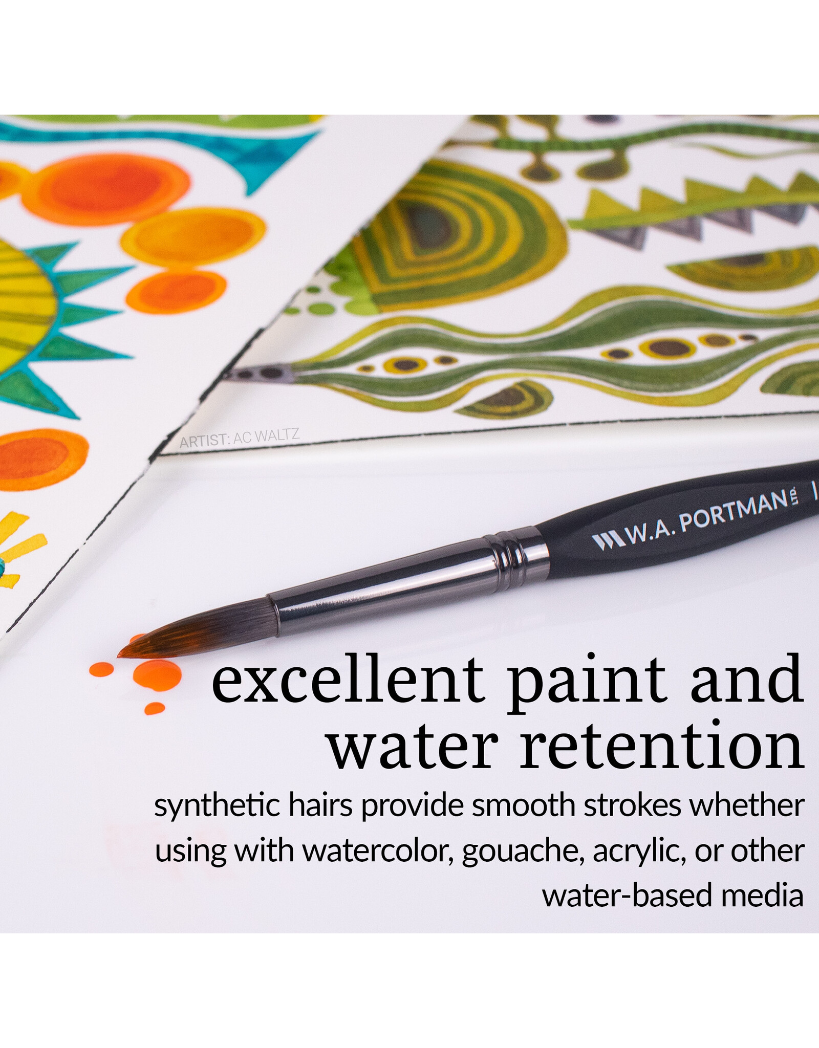 W.A. Portman WA Portman Round Watercolor Paint Brushes Professional 4pc Set #4, #8, #12, #16 – 100% Vegan, Cruelty-Free with Triangular Comfort Grip