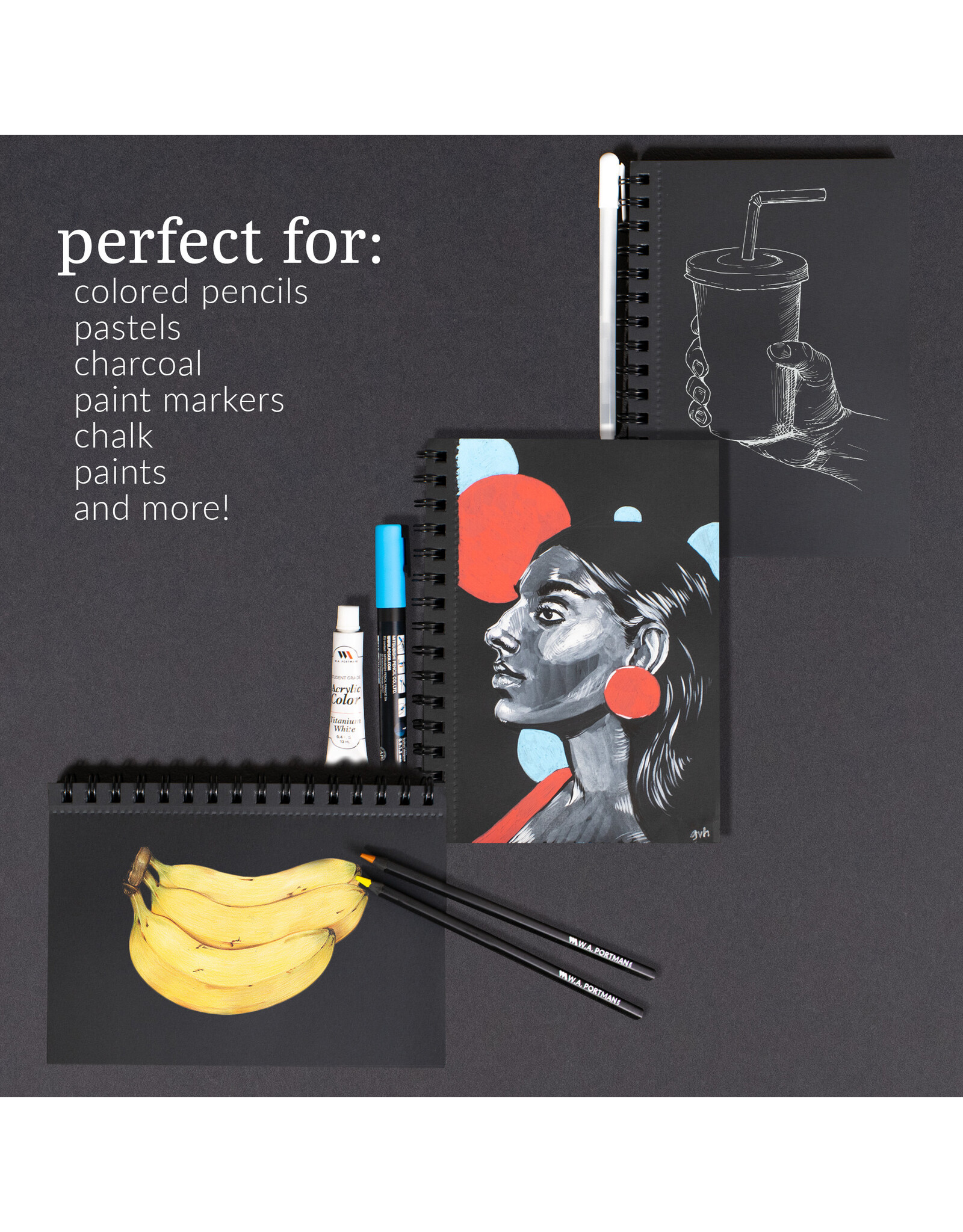 W.A. Portman WA Portman Black Paper Sketchbook A5 (6" x 8.25") – 60 Pages (30 Sheets)140 GSM Acid-Free Black Sketchbook for Drawing