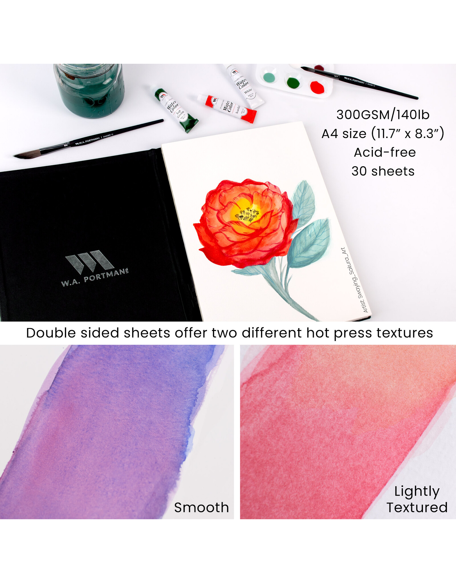 W.A. Portman WA Portman Hot Press Watercolor Paper Block A4 (11.3" x 8.3") – Acid-Free 300GSM/140LB 100% Cotton Watercolor Paper with Waterproof Cover