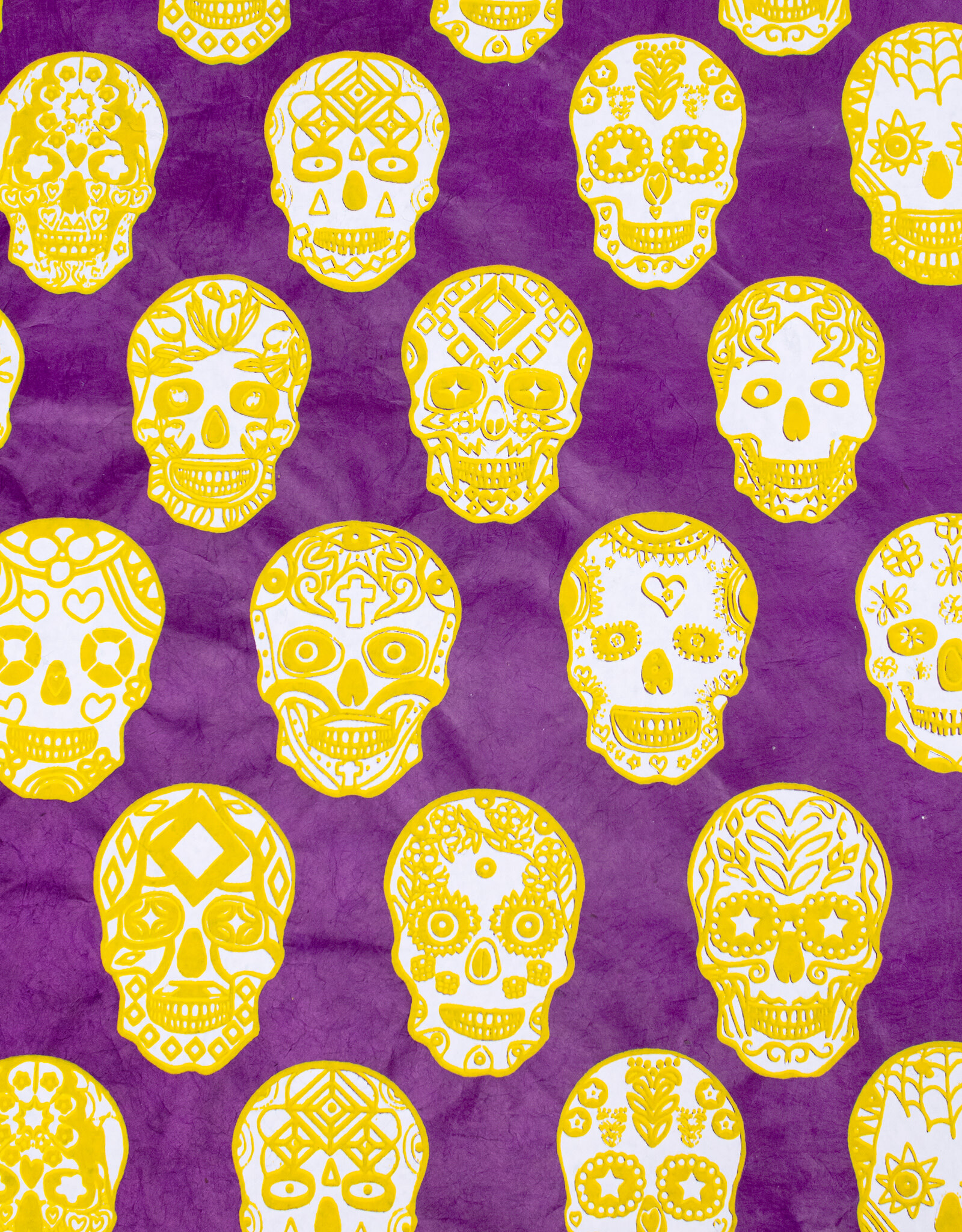AITOH Aitoh Lokta Sugar Skulls, White and Yellow on Purple, 2 Color, 19.5" x 29.5"