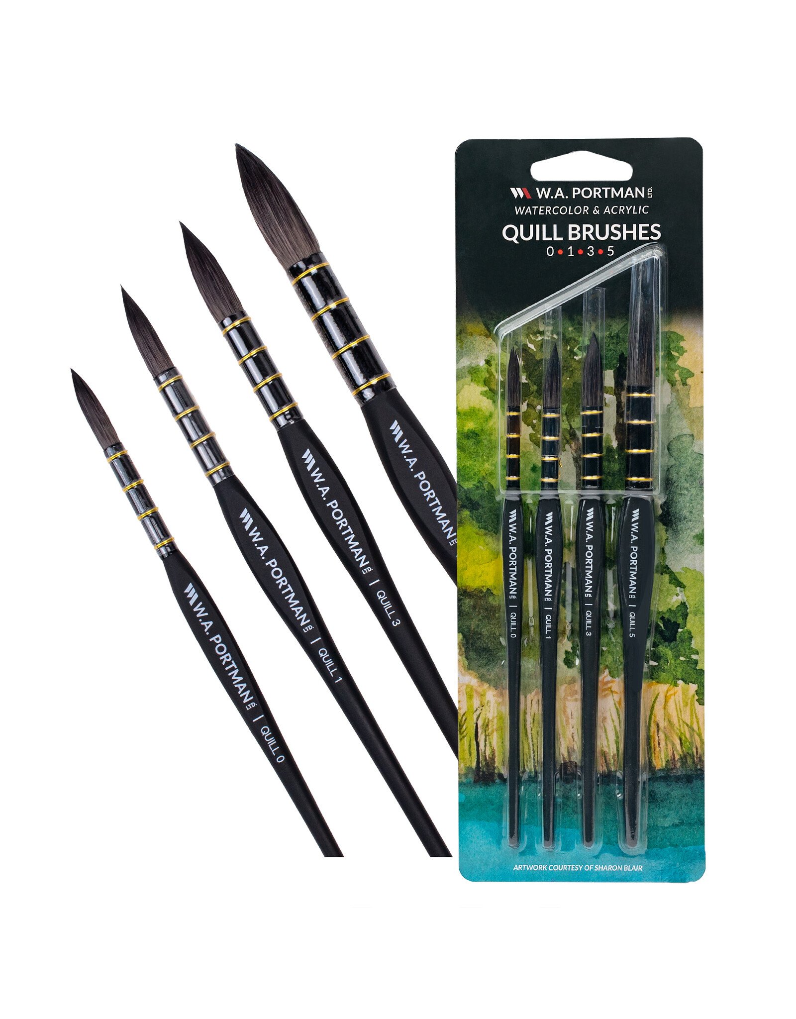 W.A. Portman WA Portman Quill Round Watercolor Brushes Professional 4pc Set #0, #1, #3, #5  – 100% Vegan, Cruelty-Free with Triangular Comfort Grip