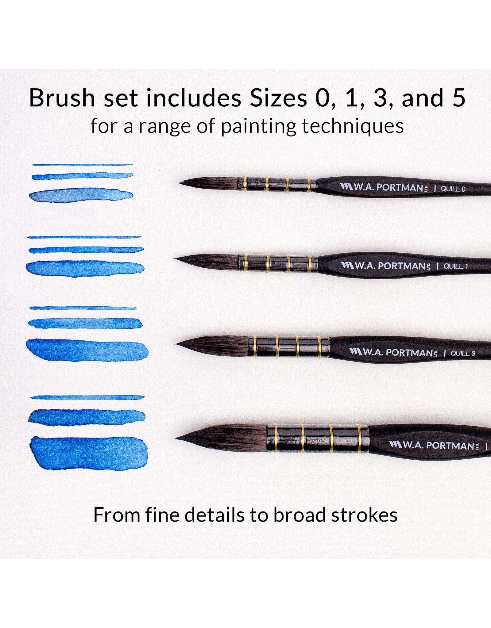 W.A. Portman WA Portman Quill Round Watercolor Brushes Professional 4pc Set #0, #1, #3, #5  – 100% Vegan, Cruelty-Free with Triangular Comfort Grip