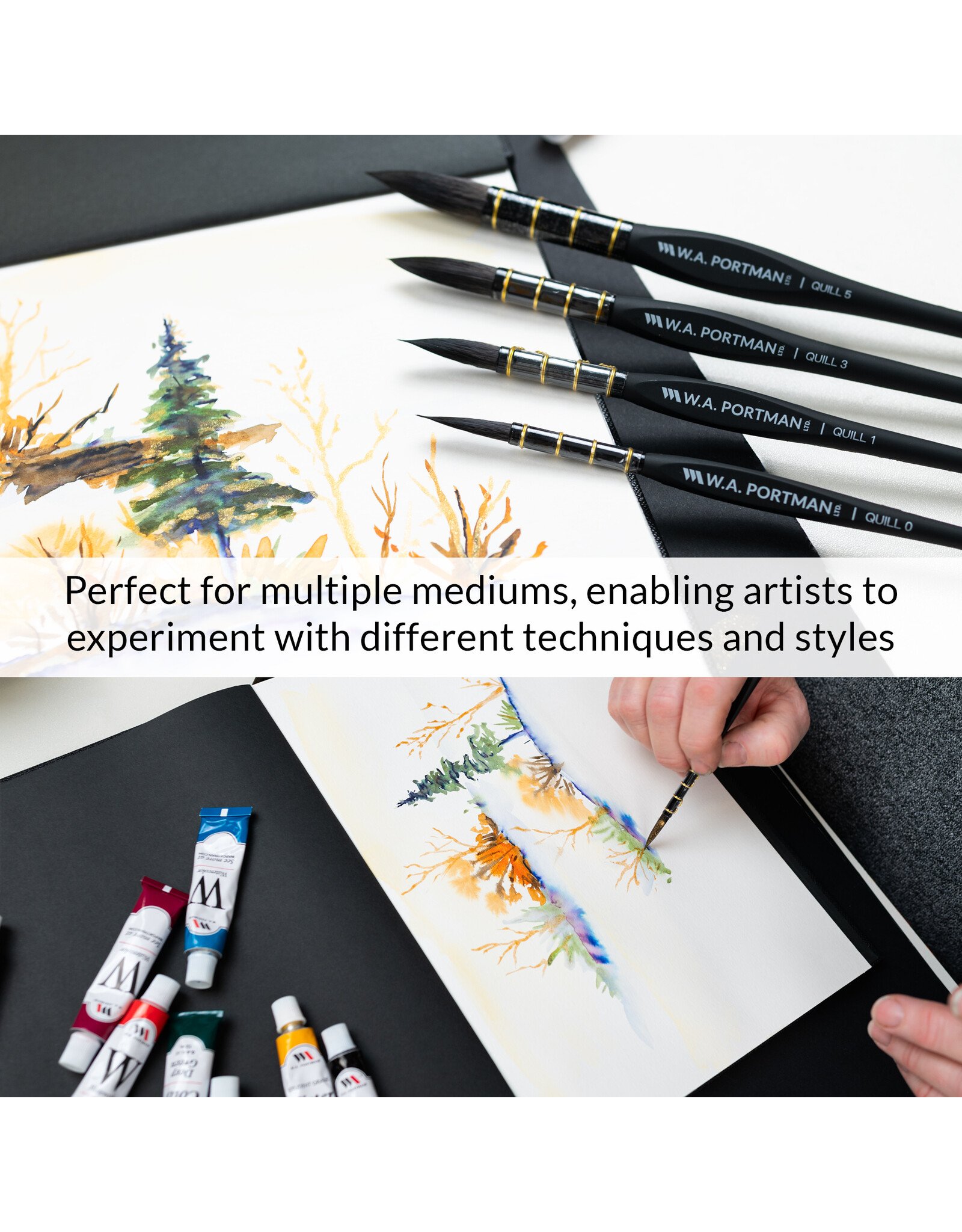 W.A. Portman WA Portman Quill Round Watercolor Brushes Professional 4pc Set #0, #1, #3, #5  – 100% Vegan, Cruelty-Free with Triangular Comfort Grip