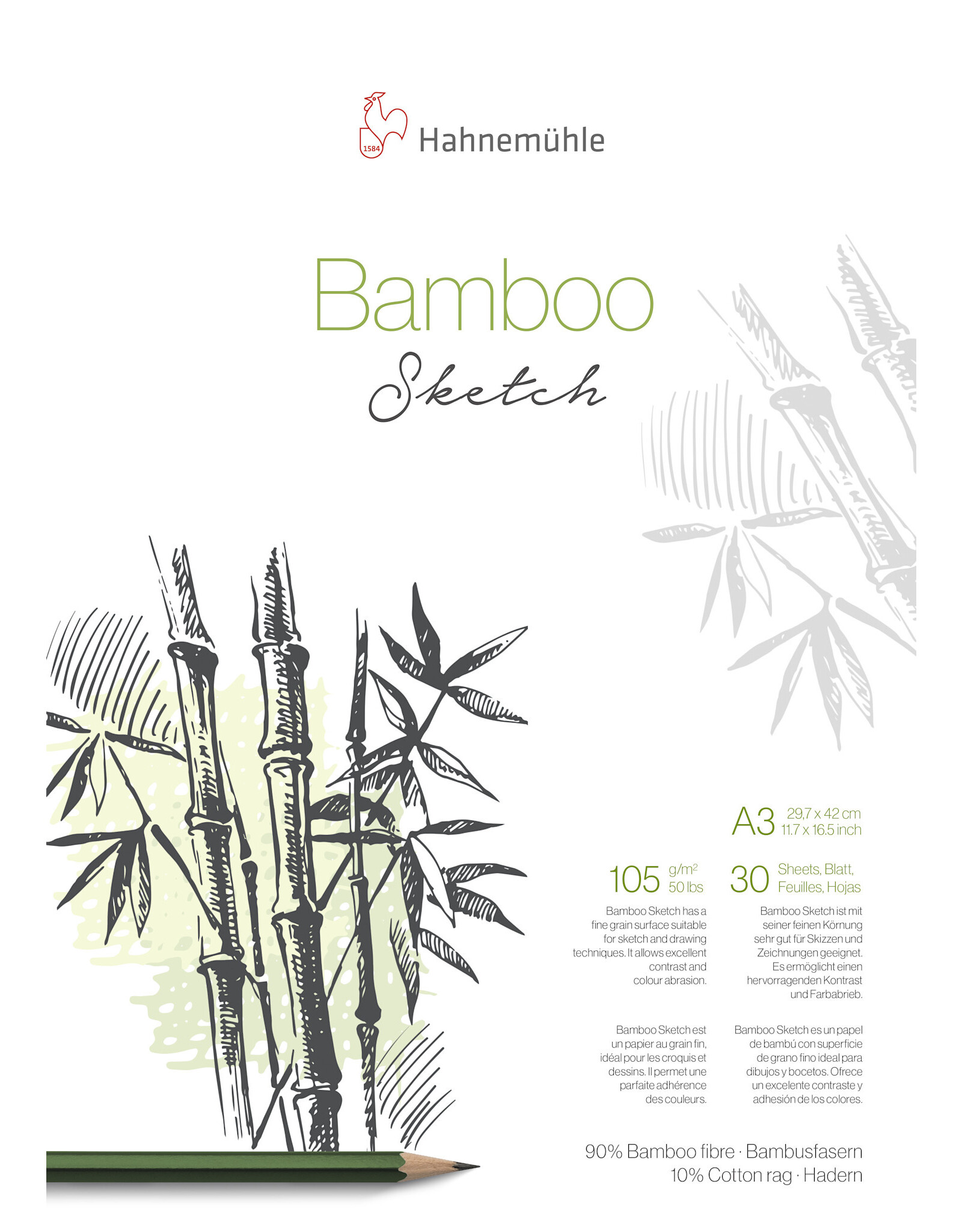 Hahnemuhle Bamboo Sketch Pad, 105gsm, 11.58"x16.38", 30 sheet pad